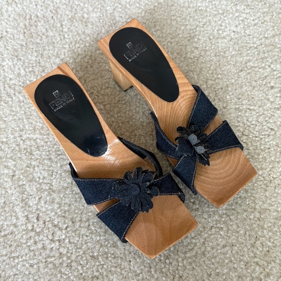 VINTAGE Fendi Denim Flower Mules Y2K Coquette 90s Clog Wooden Britney Womens 7 - Picture 2 of 7